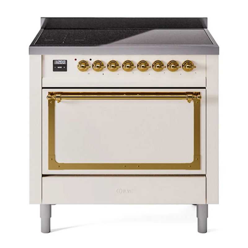 ILVE Nostalgie II Noblesse 36" Induction Freestanding Range in Antique White with Brass Trim, UNI366QNMPAWG
