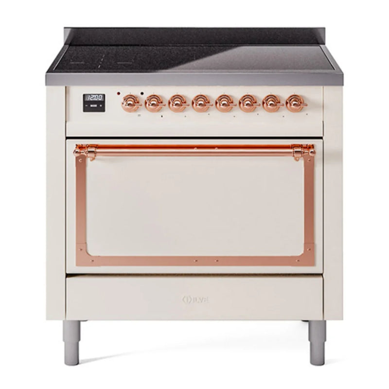 ILVE Nostalgie II Noblesse 36" Induction Freestanding Range in Antique White with Copper Trim, UNI366QNMPAWP