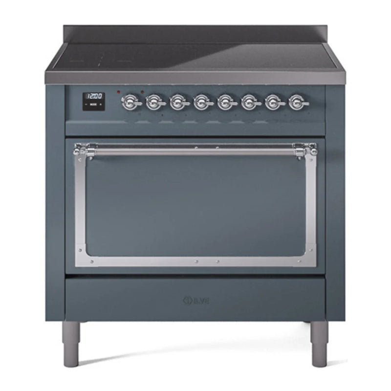 ILVE Nostalgie II Noblesse 36" Induction Freestanding Range in Blue Grey with Chrome Trim, UNI366QNMPBGC