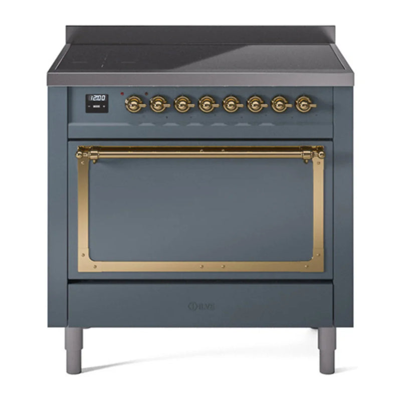 ILVE Nostalgie II Noblesse 36" Induction Freestanding Range in Blue Grey with Brass Trim, UNI366QNMPBGG