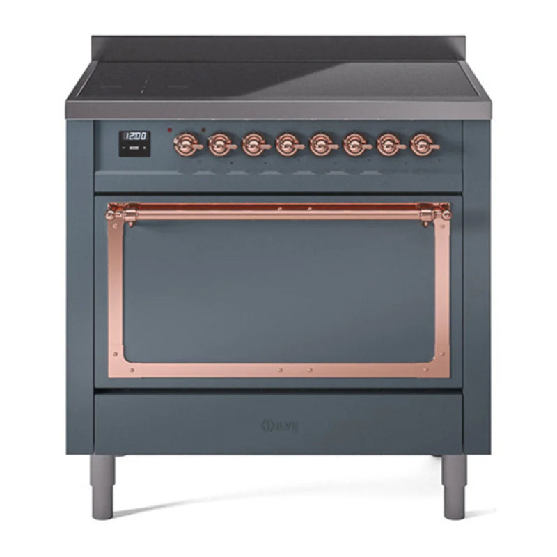 ILVE Nostalgie II Noblesse 36" Induction Freestanding Range in Blue Grey with Copper Trim, UNI366QNMPBGP