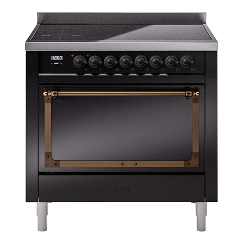 ILVE Nostalgie II Noblesse 36" Induction Freestanding Range in Glossy Black with Burnished Trim, UNI366QNMPBKB