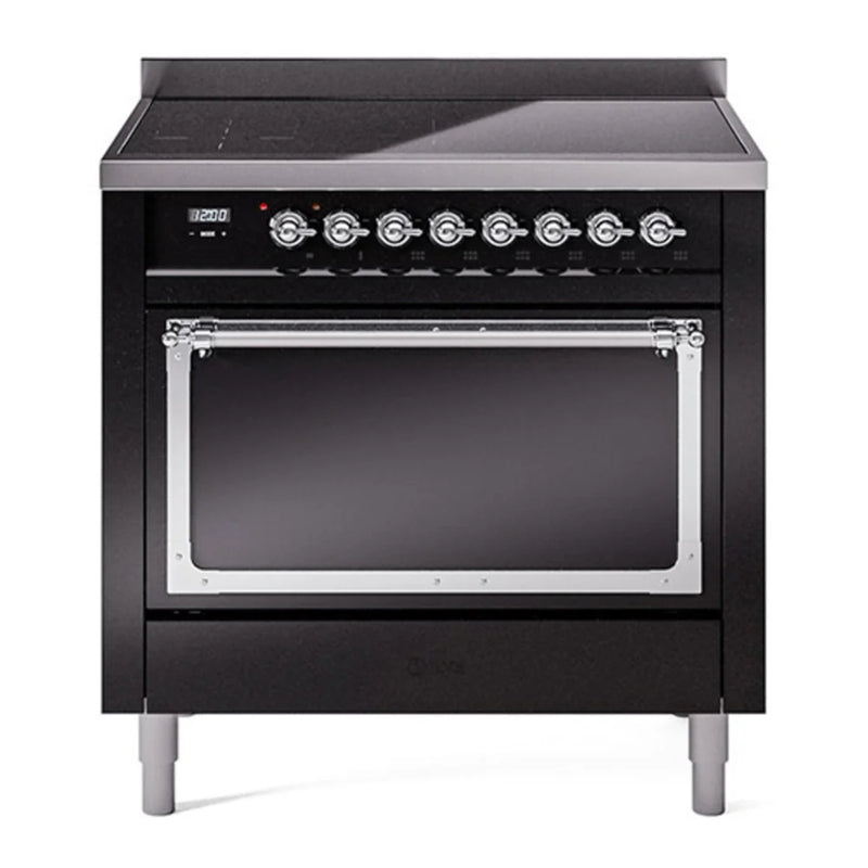 ILVE Nostalgie II Noblesse 36" Induction Freestanding Range in Glossy Black with Chrome Trim, UNI366QNMPBKC