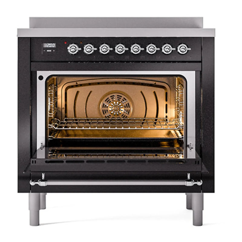 ILVE Nostalgie II Noblesse 36" Induction Freestanding Range in Glossy Black with Chrome Trim, UNI366QNMPBKC