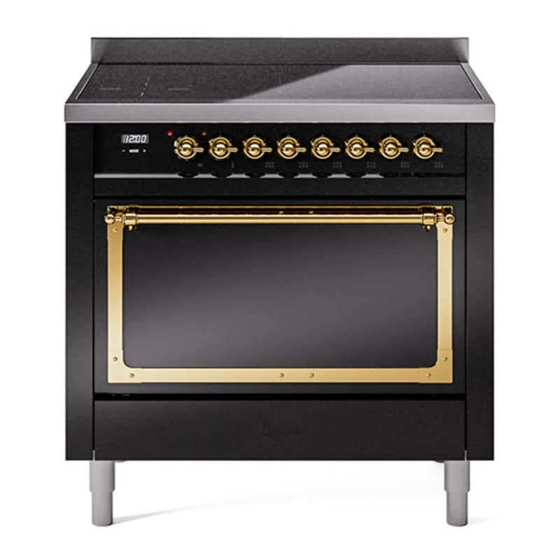 ILVE Nostalgie II Noblesse 36" Induction Freestanding Range in Glossy Black with Brass Trim, UNI366QNMPBKG