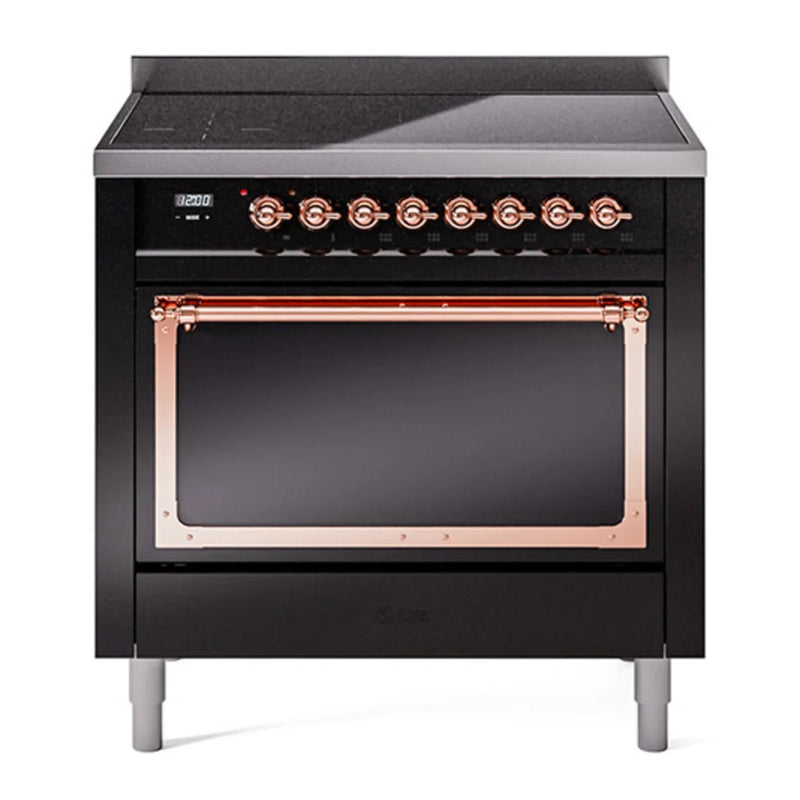 ILVE Nostalgie II Noblesse 36" Induction Freestanding Range in Glossy Black with Copper Trim, UNI366QNMPBKP