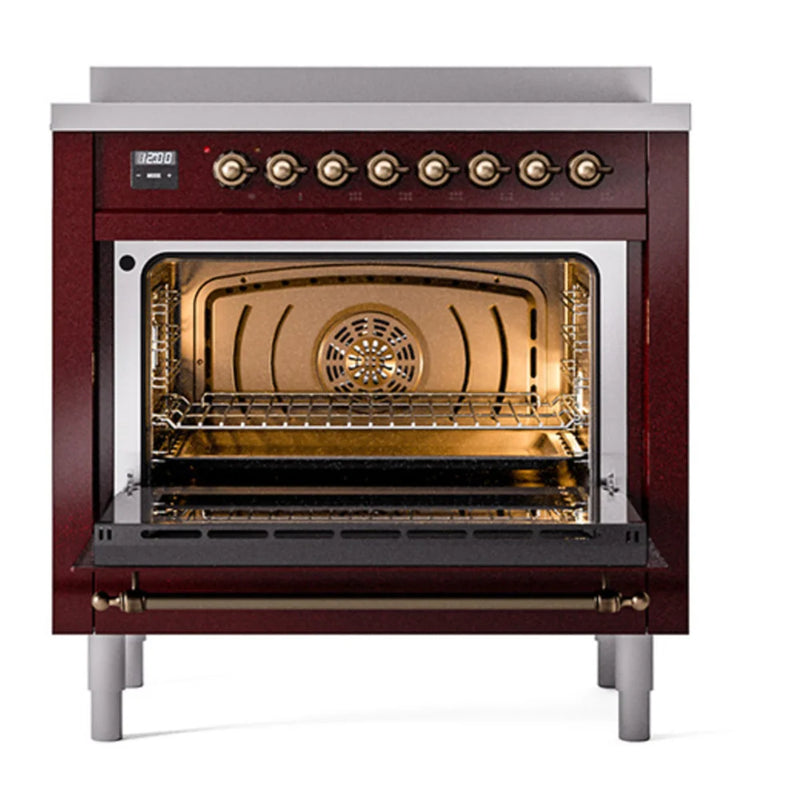 ILVE Nostalgie II Noblesse 36" Induction Freestanding Range in Burgundy with Burnished Trim, UNI366QNMPBUB