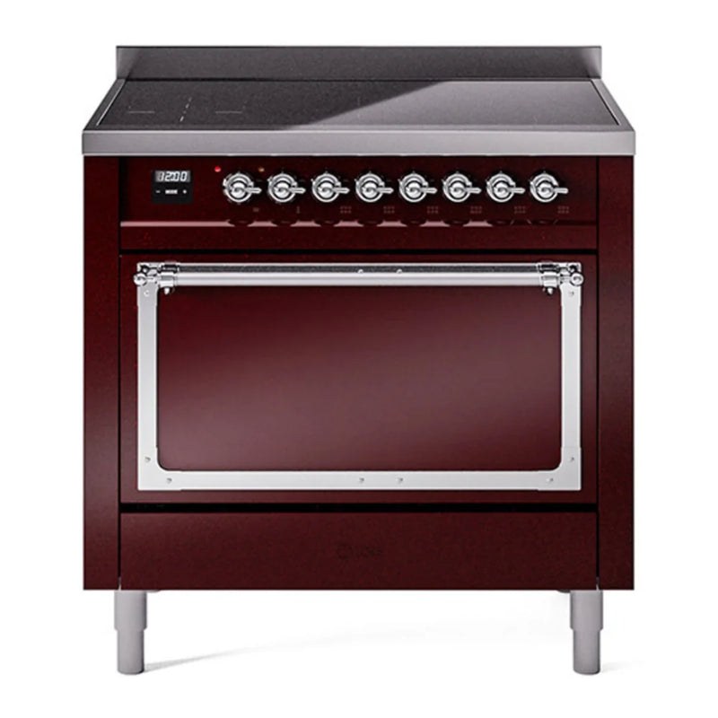 ILVE Nostalgie II Noblesse 36" Induction Freestanding Range in Burgundy with Chrome Trim, UNI366QNMPBUC