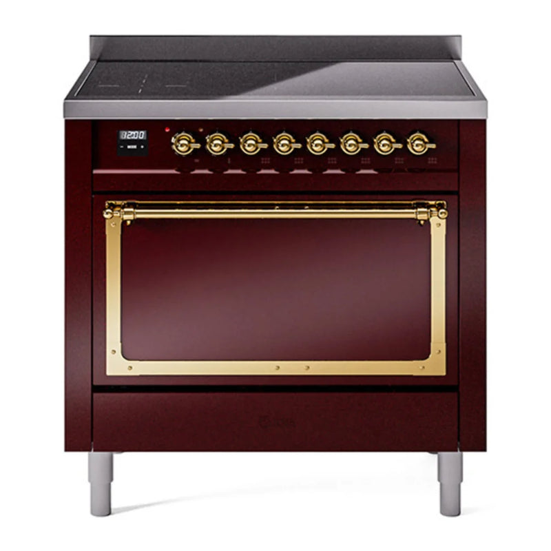 ILVE Nostalgie II Noblesse 36" Induction Freestanding Range in Burgundy with Brass Trim, UNI366QNMPBUG