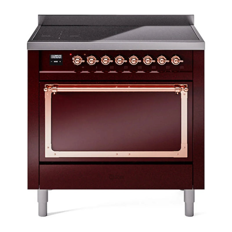 ILVE Nostalgie II Noblesse 36" Induction Freestanding Range in Burgundy with Copper Trim, UNI366QNMPBUP