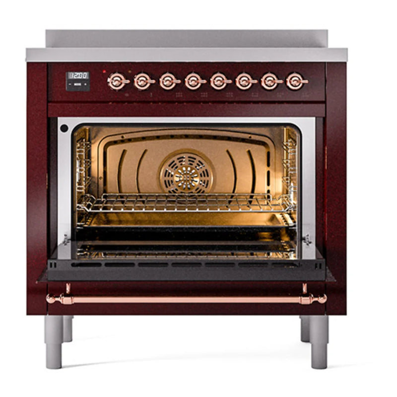 ILVE Nostalgie II Noblesse 36" Induction Freestanding Range in Burgundy with Copper Trim, UNI366QNMPBUP