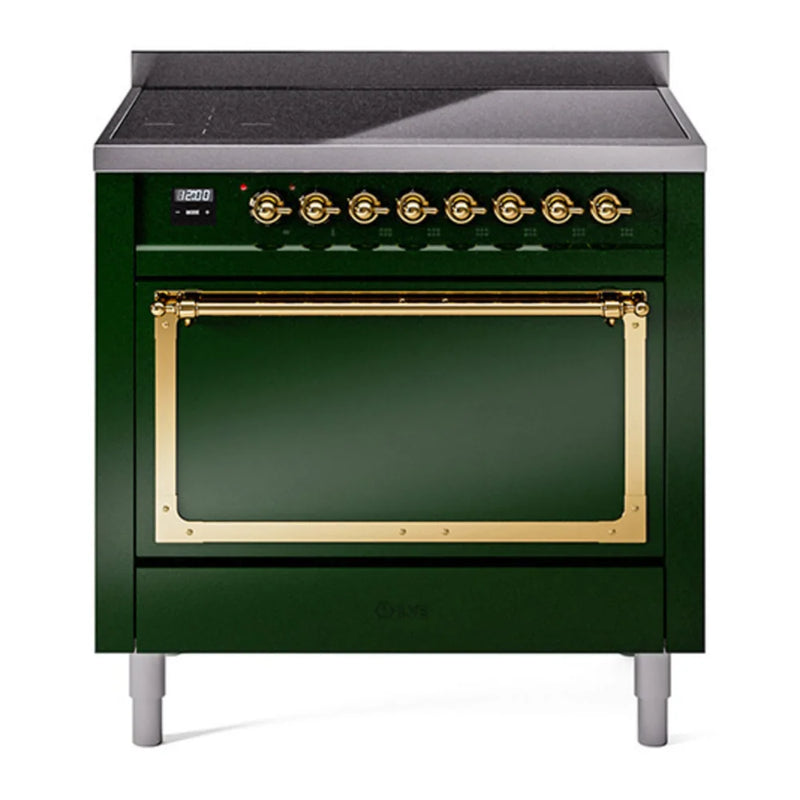 ILVE Nostalgie II Noblesse 36" Induction Freestanding Range in Emerald Green with Brass Trim, UNI366QNMPEGG