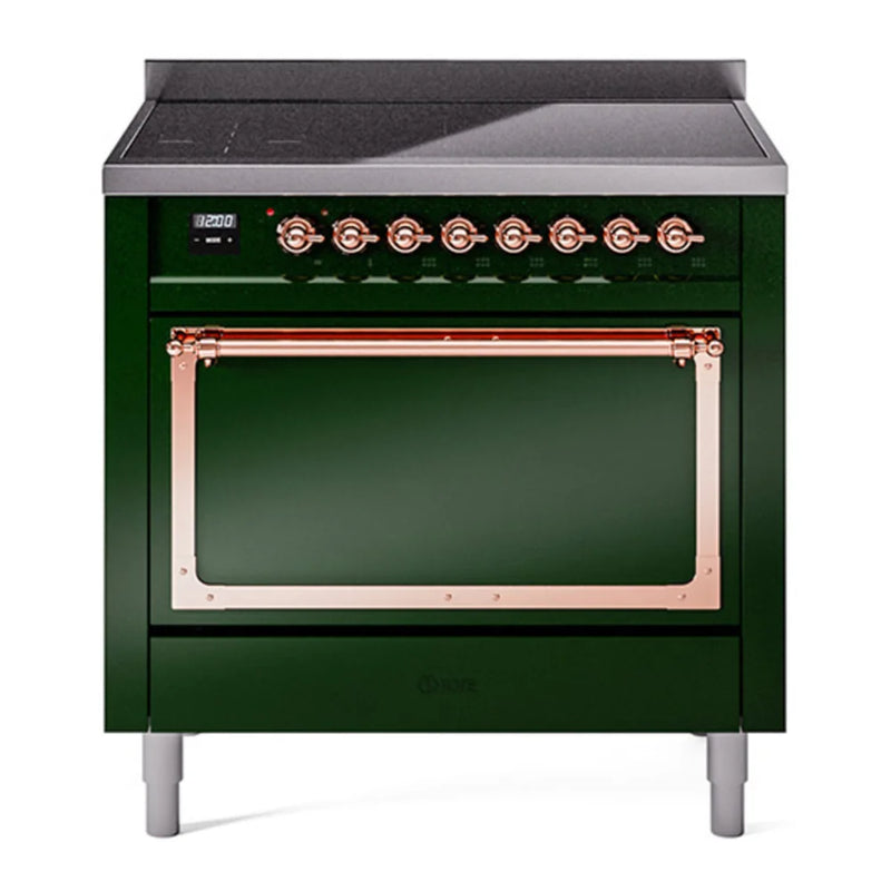 ILVE Nostalgie II Noblesse 36" Induction Freestanding Range in Emerald Green with Copper Trim, UNI366QNMPEGP