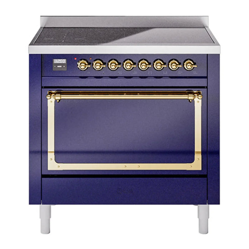 ILVE Nostalgie II Noblesse 36" Induction Freestanding Range in Midnight Blue with Brass Trim, UNI366QNMPMBG
