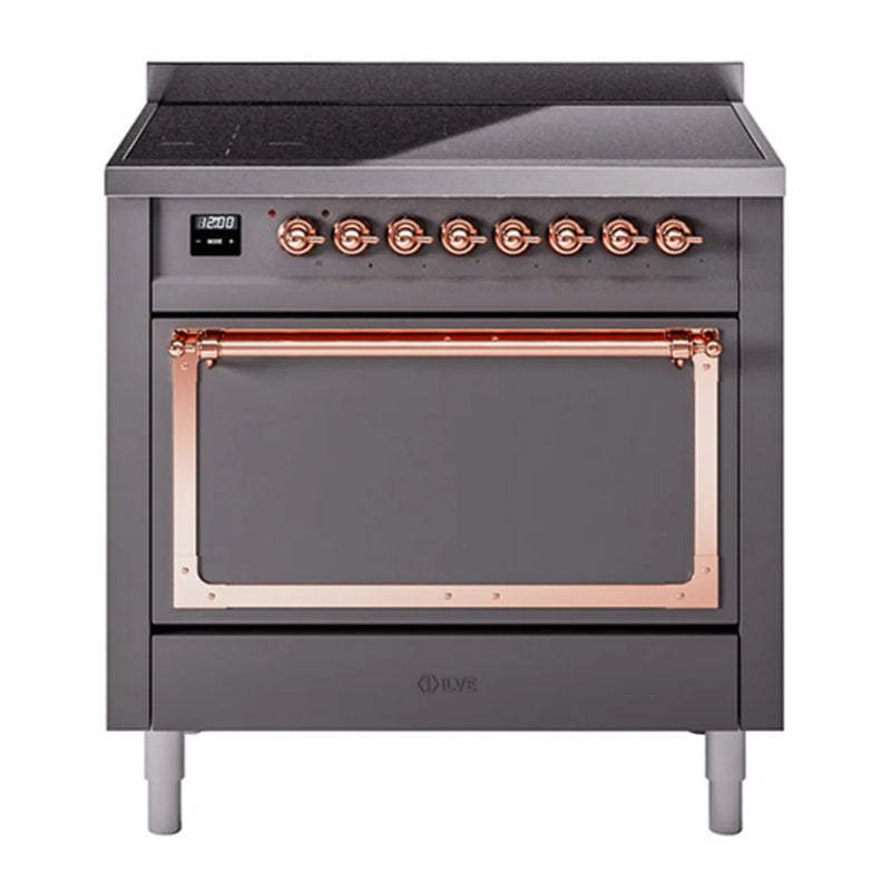 ILVE Nostalgie II Noblesse 36" Induction Freestanding Range in Graphite Matte with Copper Trim, UNI366QNMPMGP