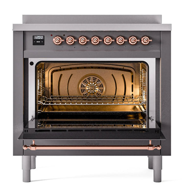 ILVE Nostalgie II Noblesse 36" Induction Freestanding Range in Graphite Matte with Copper Trim, UNI366QNMPMGP