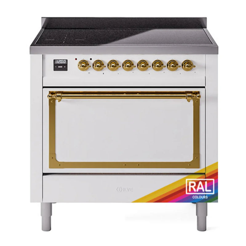 ILVE Nostalgie II Noblesse 36" Induction Freestanding Range in RAL Color with Brass Trim, UNI366QNMPRAG