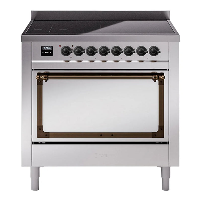 ILVE Nostalgie II Noblesse 36" Induction Freestanding Range in Stainless Steel with Burnished Trim, UNI366QNMPSSB