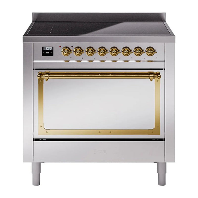 ILVE Nostalgie II Noblesse 36" Induction Freestanding Range in Stainless Steel with Brass Trim, UNI366QNMPSSG