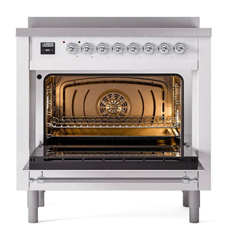 ILVE Nostalgie II Noblesse 36" Induction Freestanding Range in White with Chrome Trim, UNI366QNMPWHC