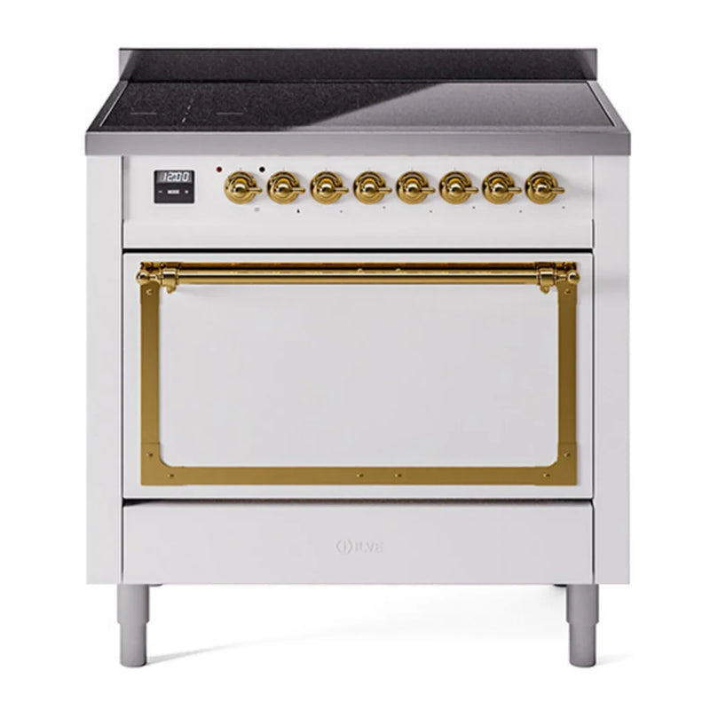 ILVE Nostalgie II Noblesse 36" Induction Freestanding Range in White with Brass Trim, UNI366QNMPWHG