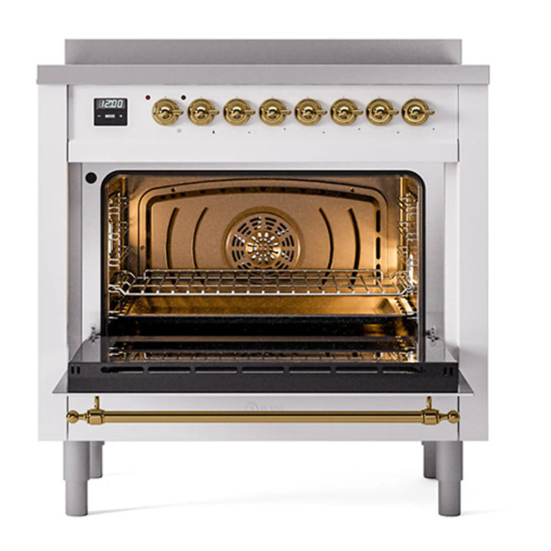 ILVE Nostalgie II Noblesse 36" Induction Freestanding Range in White with Brass Trim, UNI366QNMPWHG