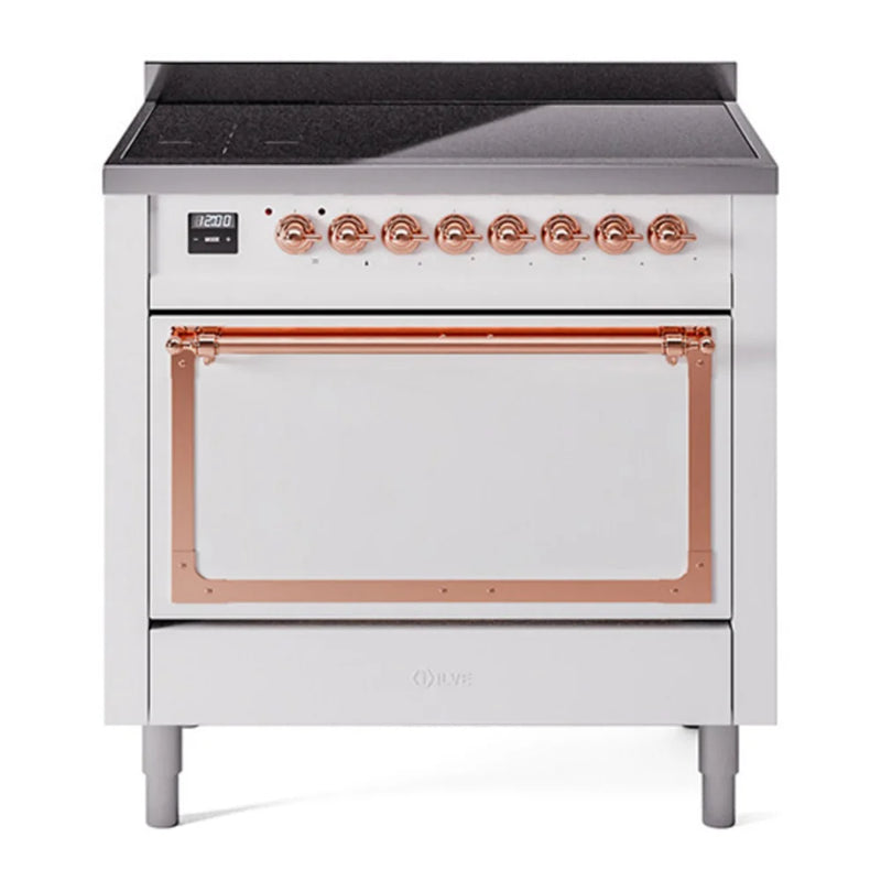 ILVE Nostalgie II Noblesse 36" Induction Freestanding Range in White with Copper Trim, UNI366QNMPWHP
