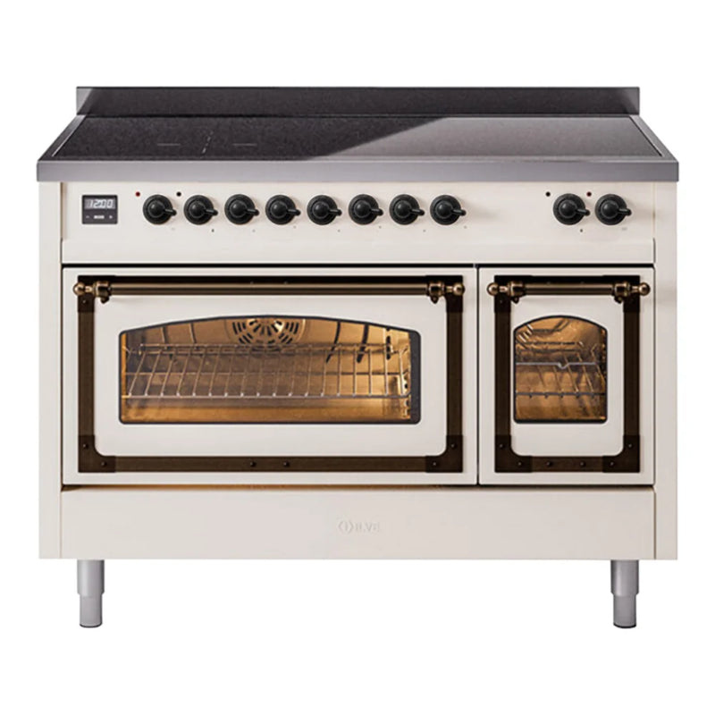 ILVE Nostalgie II Noblesse 48" Induction Freestanding Range in Antique White with Burnished Trim, UNI486NMPAWB