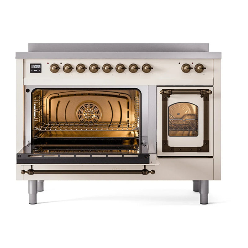 ILVE Nostalgie II Noblesse 48" Induction Freestanding Range in Antique White with Burnished Trim, UNI486NMPAWB