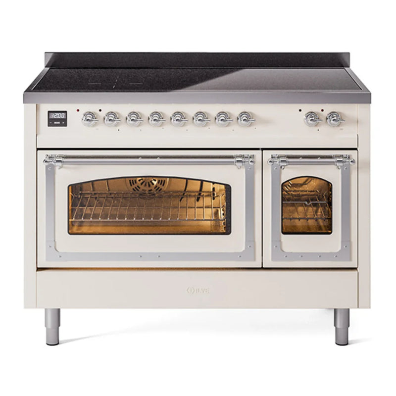 ILVE Nostalgie II Noblesse 48" Induction Freestanding Range in Antique White with Chrome Trim, UNI486NMPAWC