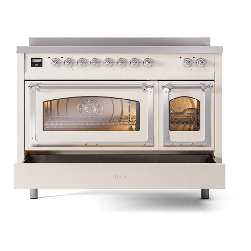 ILVE Nostalgie II Noblesse 48" Induction Freestanding Range in Antique White with Chrome Trim, UNI486NMPAWC