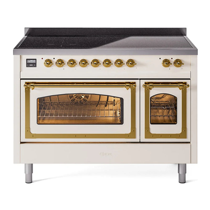 ILVE Nostalgie II Noblesse 48" Induction Freestanding Range in Antique White with Brass Trim, UNI486NMPAWG