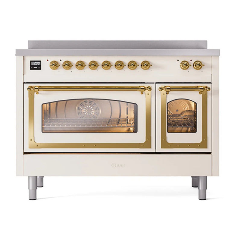 ILVE Nostalgie II Noblesse 48" Induction Freestanding Range in Antique White with Brass Trim, UNI486NMPAWG