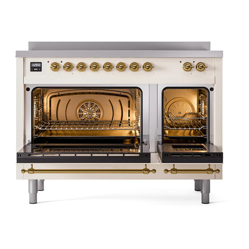ILVE Nostalgie II Noblesse 48" Induction Freestanding Range in Antique White with Brass Trim, UNI486NMPAWG