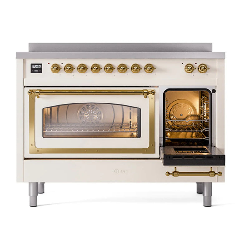 ILVE Nostalgie II Noblesse 48" Induction Freestanding Range in Antique White with Brass Trim, UNI486NMPAWG