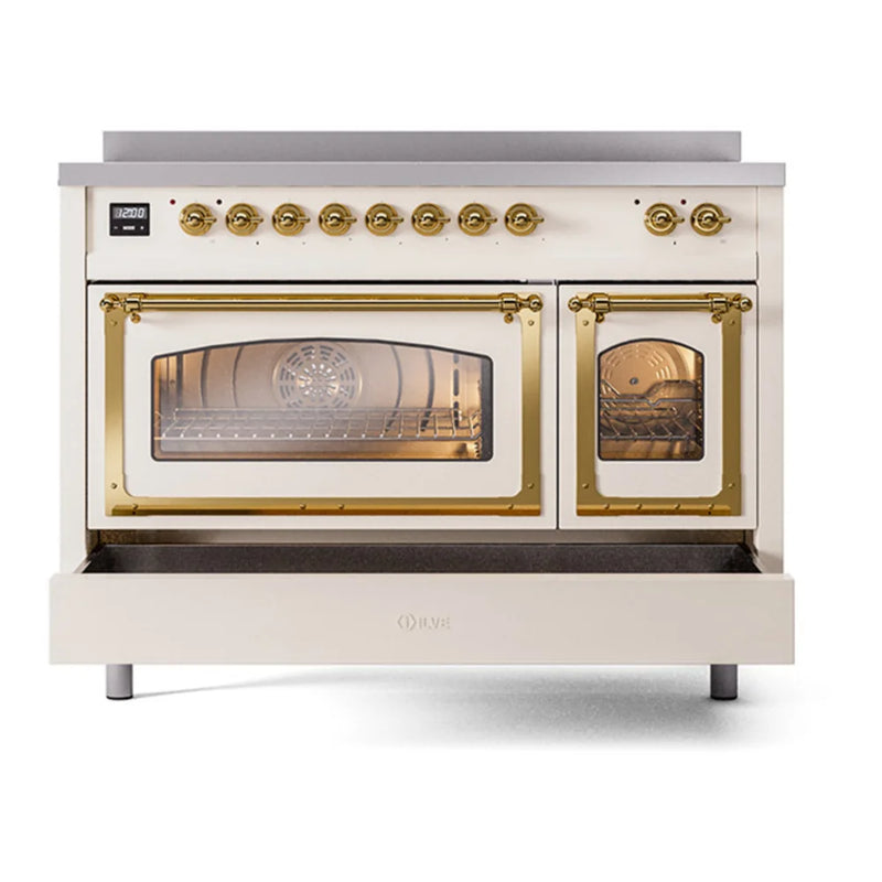 ILVE Nostalgie II Noblesse 48" Induction Freestanding Range in Antique White with Brass Trim, UNI486NMPAWG