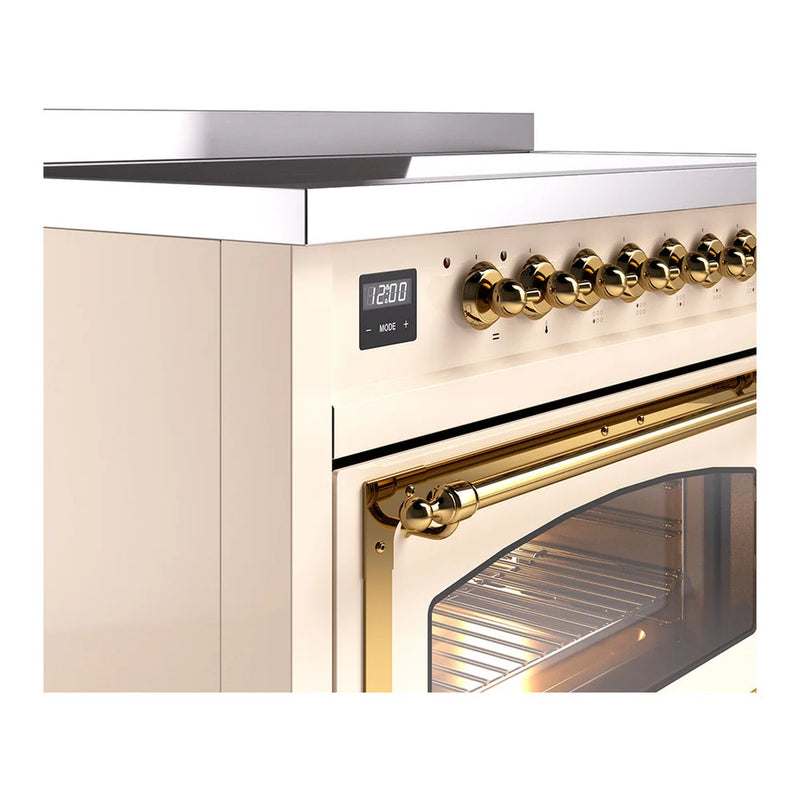 ILVE Nostalgie II Noblesse 48" Induction Freestanding Range in Antique White with Brass Trim, UNI486NMPAWG
