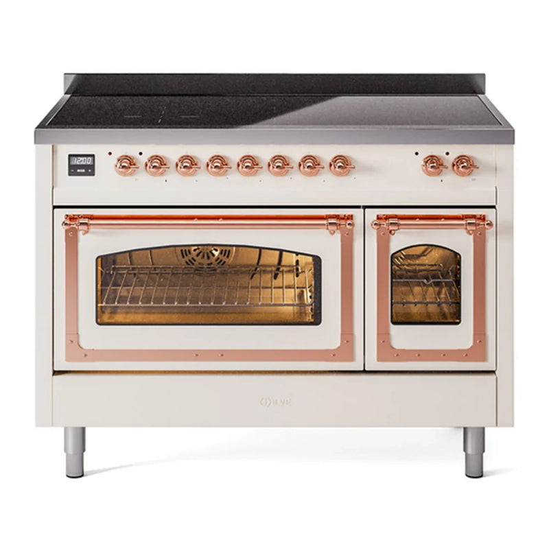 ILVE Nostalgie II Noblesse 48" Induction Freestanding Range in Antique White with Copper Trim, UNI486NMPAWP