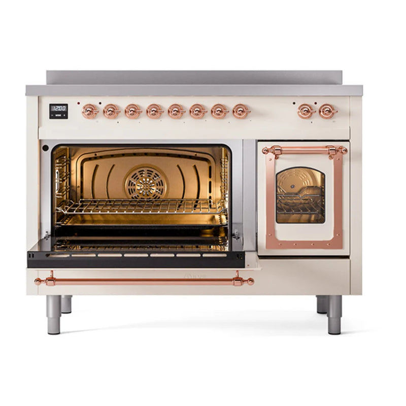 ILVE Nostalgie II Noblesse 48" Induction Freestanding Range in Antique White with Copper Trim, UNI486NMPAWP