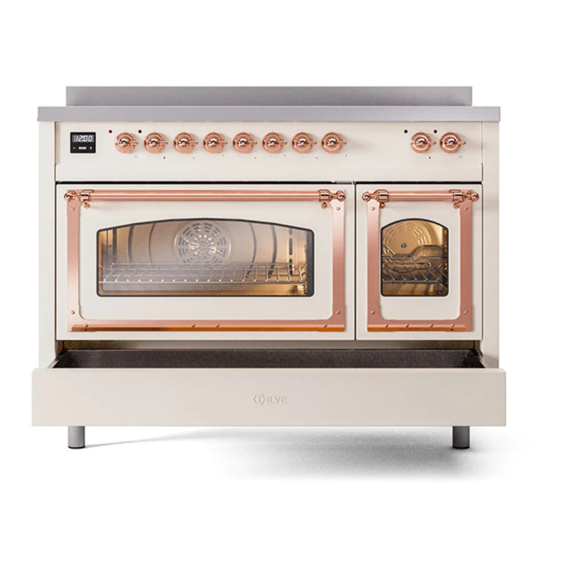 ILVE Nostalgie II Noblesse 48" Induction Freestanding Range in Antique White with Copper Trim, UNI486NMPAWP