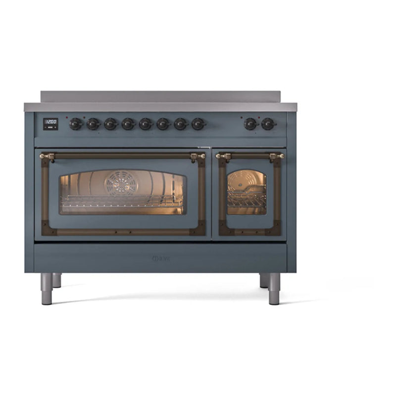 ILVE Nostalgie II Noblesse 48" Induction Freestanding Range in Blue Grey with Burnished Trim, UNI486NMPBGB