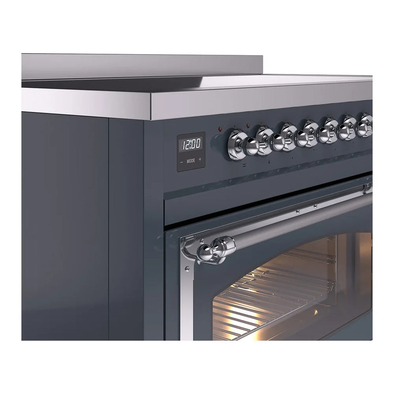 ILVE Nostalgie II Noblesse 48" Induction Freestanding Range in Blue Grey with Chrome Trim, UNI486NMPBGC