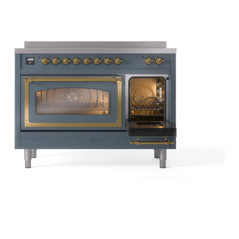 ILVE Nostalgie II Noblesse 48" Induction Freestanding Range in Blue Grey with Brass Trim, UNI486NMPBGG