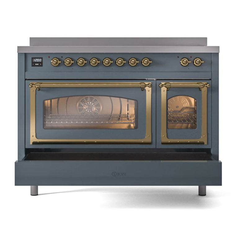 ILVE Nostalgie II Noblesse 48" Induction Freestanding Range in Blue Grey with Brass Trim, UNI486NMPBGG