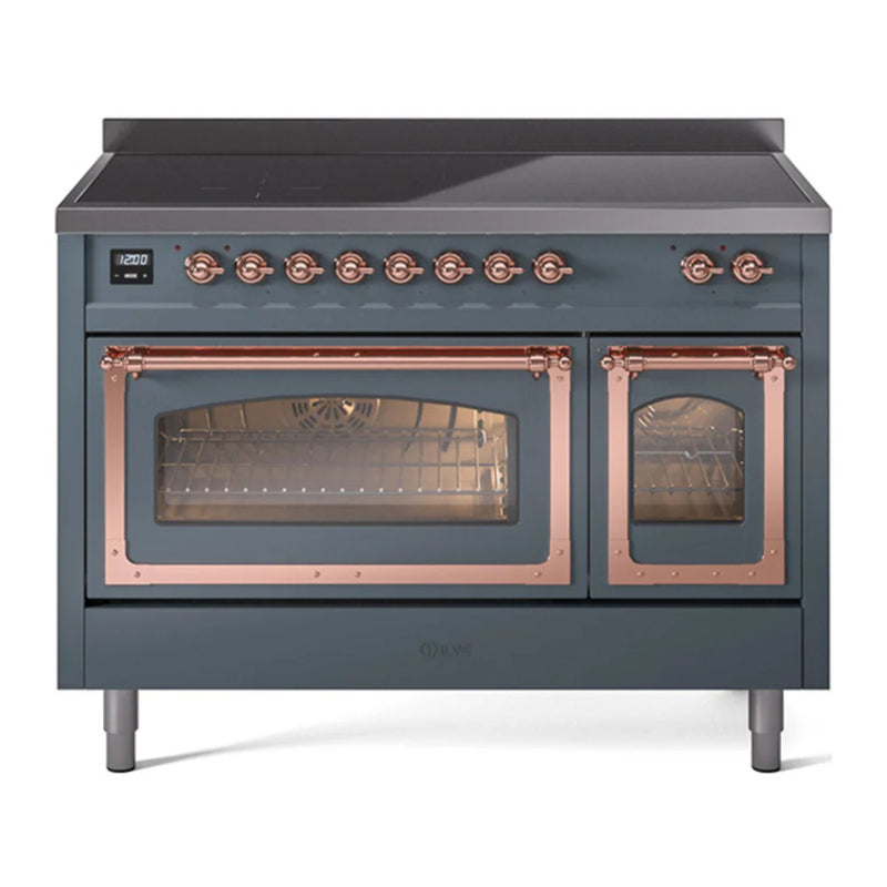 ILVE Nostalgie II Noblesse 48" Induction Freestanding Range in Blue Grey with Copper Trim, UNI486NMPBGP
