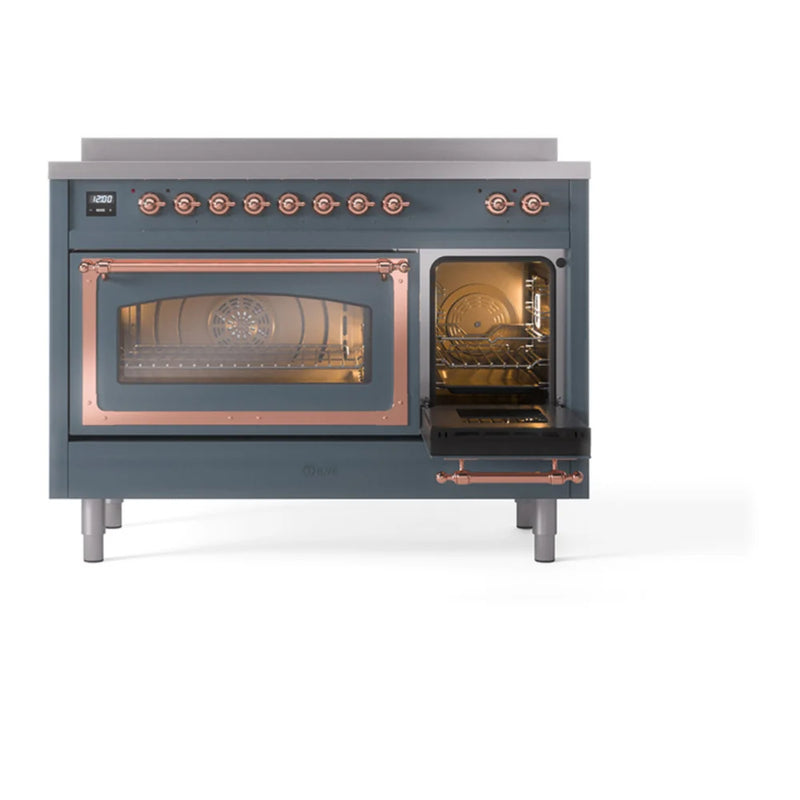 ILVE Nostalgie II Noblesse 48" Induction Freestanding Range in Blue Grey with Copper Trim, UNI486NMPBGP
