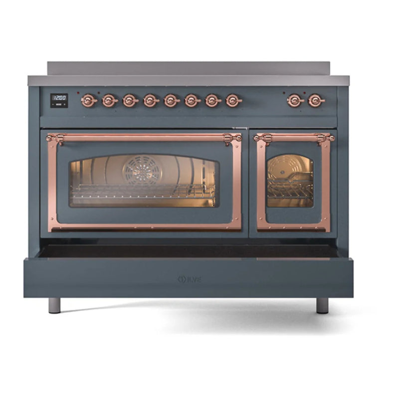 ILVE Nostalgie II Noblesse 48" Induction Freestanding Range in Blue Grey with Copper Trim, UNI486NMPBGP