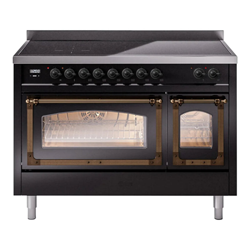 ILVE Nostalgie II Noblesse 48" Induction Freestanding Range in Glossy Black with Burnished Trim, UNI486NMPBKB