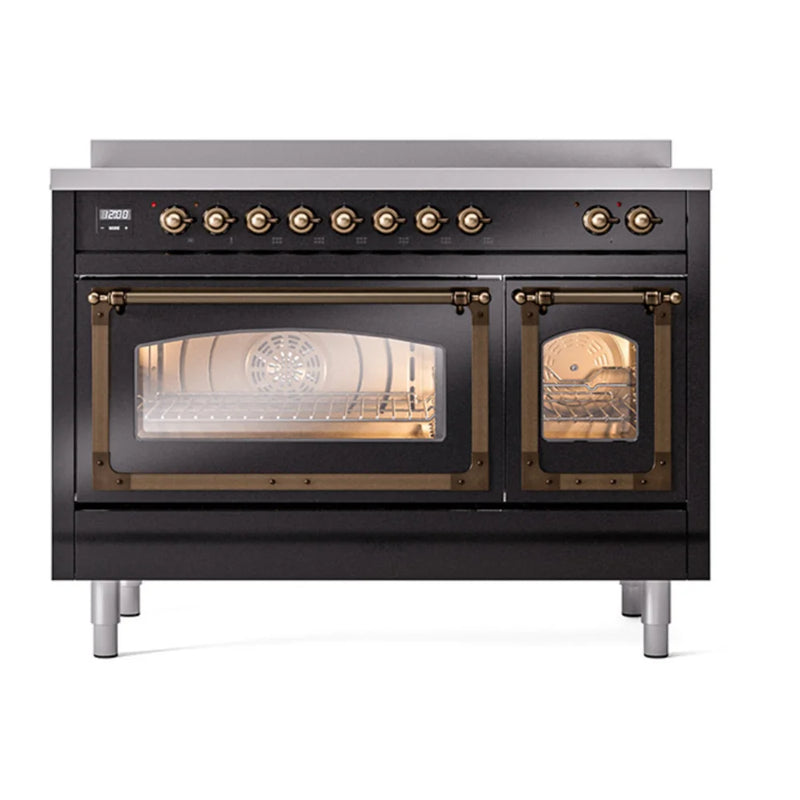 ILVE Nostalgie II Noblesse 48" Induction Freestanding Range in Glossy Black with Burnished Trim, UNI486NMPBKB