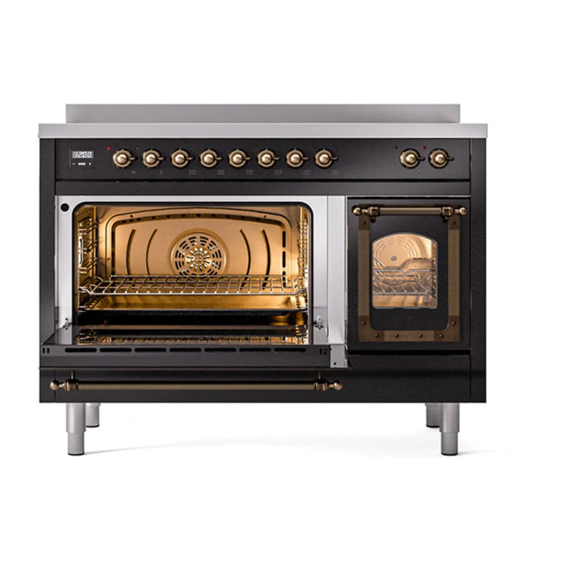 ILVE Nostalgie II Noblesse 48" Induction Freestanding Range in Glossy Black with Burnished Trim, UNI486NMPBKB